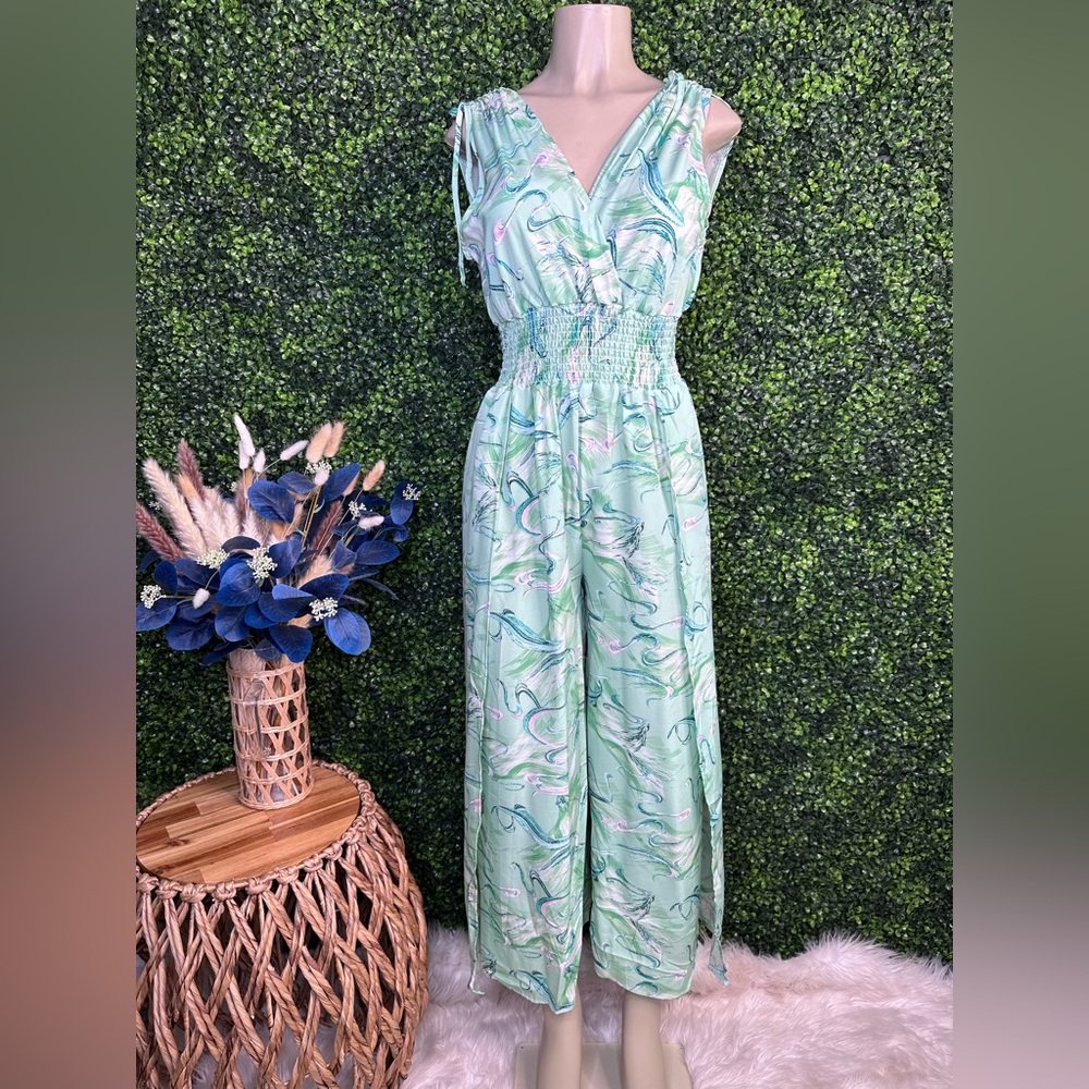 Nwt silk blend Green slit leg Jumpsuit‎